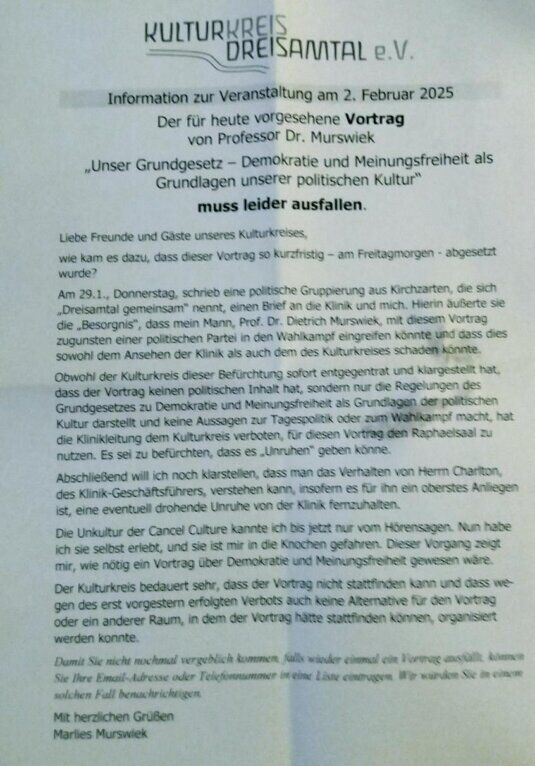 Kulturkreis Dreisamtal sagte Veranstaltung ab